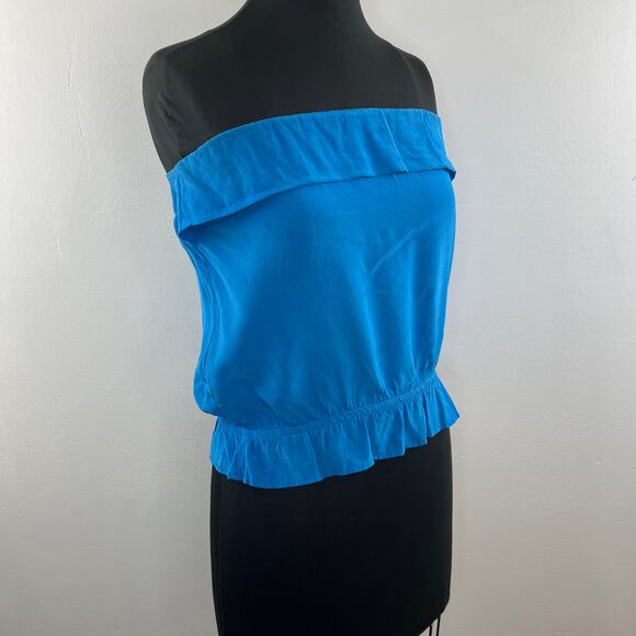 Eight Sixty Blue Top Silk Off the Shoulder Ruffle Hem Halter Size X-Small XS - Picture 5 of 8